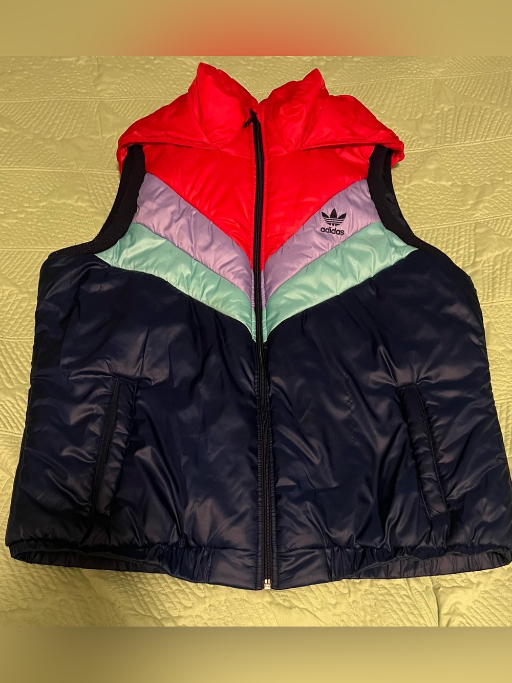 Women’s Adidas Colorblock Hooded Puffer Vest - Navy, Red, Mint & Lavender